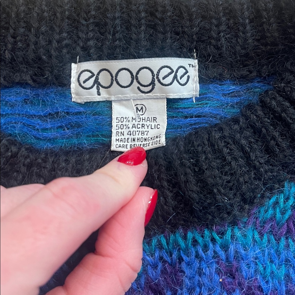 Epogee Vintage Blue and Black Patterned Sweater with Shoulder Pads - Picture 3 of 4